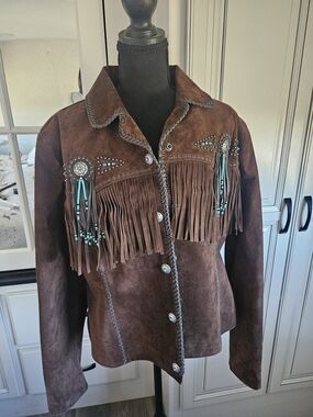SCULLY Brown Suede Fringe Western Jacket with Turquoise Beading - Size XXL